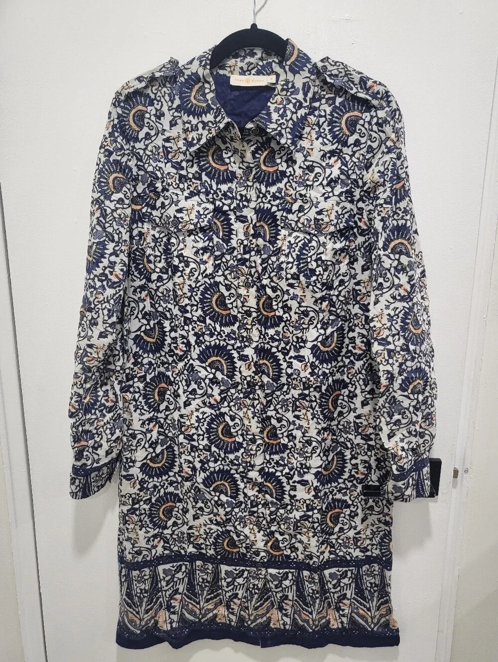 Tory Burch Brigette Cotton Voile Navy Printed Shirt Dress - Size 10